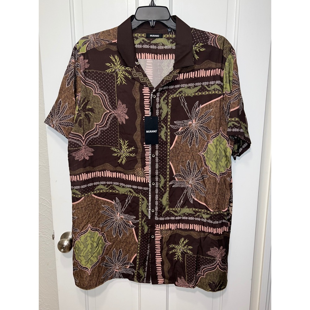 NWT Murano Men 2XT Brown Crocodile Palm Tree Print Lyocell Linen Button Up Shirt